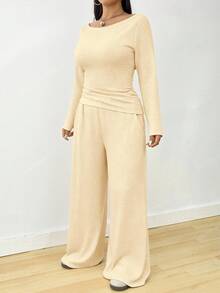 Solflare Plus Size Long Sleeve Top And Wide Leg Pants 2 Pieces Set - Apricot - View 4
