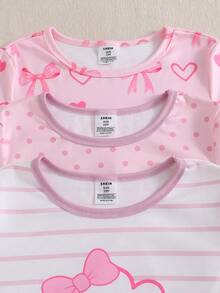 Girls' Pink Cloud, Bow, Polka Dot & Striped Pattern Long Sleeve Pajama Set - Pink - View 5
