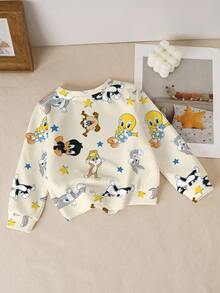 LOONEY TUNES X SHEIN Baby Girl Casual Cute Cartoon Pattern Crew Neck Sweatshirt, Autumn - White - View 2