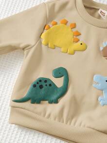 Cozy Pixies 男婴卡通3D恐龙图案针织柔软圆领长袖套头卫衣 - 卡其色 - 查看 5