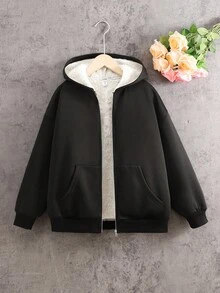 SHEIN Tween Girl Loose Casual Minimalist Comfortable Hooded Thermal Lined Jacket, Autumn/Winter Fall - Black - View 6