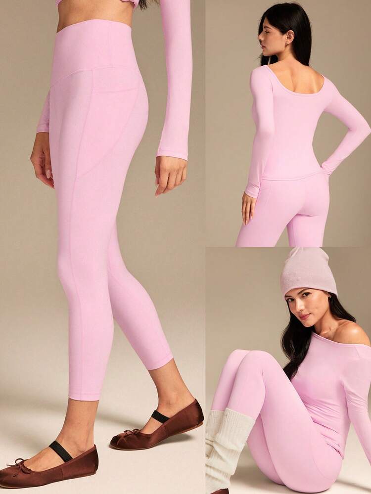 2 Pieces FeatherFit™ PulseFit Soft Stretchy Sweat-Wicking Slim-Fit Long Sleeve Top And Legging Set Low Impact Yoga Pilates Studio Daily Active Wear