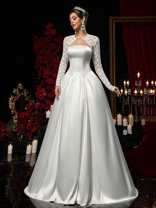 Glamrae Elegant Luxury Romantic 2-Piece Set, Minimalist Bustier Top With Wavy Waistline Design, Paired With Floral Hem H-Line Dress With Tie, Long Sleeve French Lace Embroidery, Suitable For Various Formal Occasions And Wedding Gown