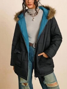 SHEIN LUNE 大码女式长袖拉链前襟拼接仿毛领连帽休闲冬装外套 - 黑色 - 查看 10