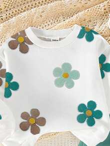 SHEIN 一套女婴休闲可爱碎花印花圆领卫衣和喇叭裤套装，秋冬季 - 彩色 - 查看 5