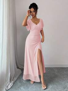 Elenzga Women's Light Purple V-Neck Ruffle Sleeve Pleated Waist Split Dress, Elegant Bridesmaid Dress, Party Gown, Spring/Summer - Pink - View 4