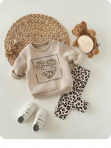 Newborn Baby Girl Leopard Print Long Sleeve Sweatshirt And Pants Set, Autumn/Winter - Khaki - View 8