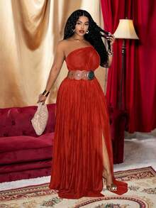 Slaydiva 2025 Spring, Summer, Autumn, Winter New Music Festival, Easter, Western, Nomadic Style Birthday Party, Casual, Leisure, Cruise Travel, Beach, Sunbathing Viral Sensation Rust Red High Slit Western Chiffon Maxi Dress, Sexy Elegant Plus Size Dress
