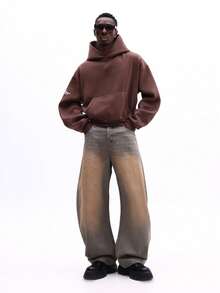 SUMWON Regular Oversized Hoodie With Centre Pocket And Drawstring Hood For Casual Streetwear Plain - Brown - View 6