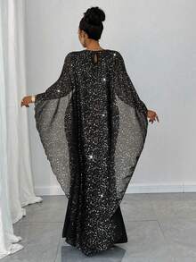 Maweii 大码优雅女式网眼亮片拼接圆领修身休闲连衣裙 - 黑色 - 查看 2