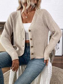SHEIN Versatile V-Neck Cardigan Sweater, Loose Casual Minimalist Open Front Knit Jacket For Women - Champagne - View 5