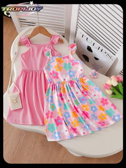 2 件套年轻女孩花卉印花无袖 A 字形松紧腰连衣裙，适合休闲、沙滩、度假穿着，夏季