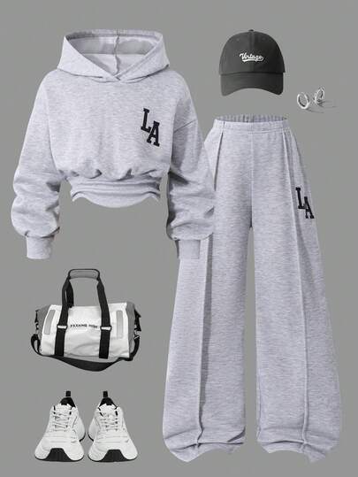 Sparklyn Girls Casual Knit Solid Color Front Graphic Letter Print Drop Shoulder Drawstring Hoodie Top & Pants 2 Piece Set