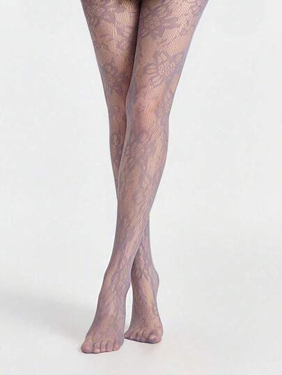 ROMWE Avant 1 Paar sexy Blumen-Spitzen-Fischnetz-Strumpfhosen, vintage erotische rosa undurchsichtige Strumpfhosen, dünne und dehnbare transparente Strümpfe