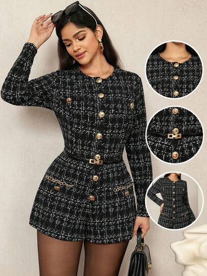 Zelara Mono elegante de tela de punto con botones metálicos para mujer de talla grande con cuello redondo y mangas largas