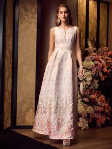 MOTF Soiréza WOMEN'S SLEEVELESS PLUNGING V-NECK FLOOR-LENGTH PARTY GOWN WITH BACK BOWKNOT – VIBRANT GRADIENT FLORAL WOVEN JACQUARD, FORM-FITTING SILHOUETTE FOR FORMAL PARTIES & WEDDINGS