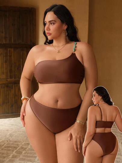 Swim Chiccia 大码不对称肩部宝石装饰比基尼套装