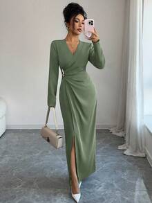 SHEIN PETITE Women's Elegant Solid Color Wrap Long Dress For Commuting - Green - View 7