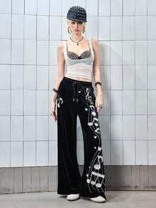 ROMWE Avant Millennium Diva Ultra Low Waist Wide Leg Musical Note Embroidered Velvet Women Sweatpants