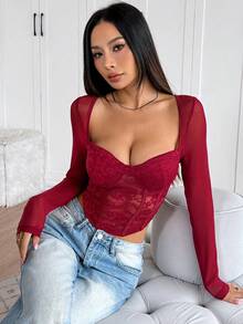 EgrlEra Modern och sexig spetskontrastnätlångärmad blus med åtsittande midja för kvinnor, höst/vinter - Bourgogne - Visa 3