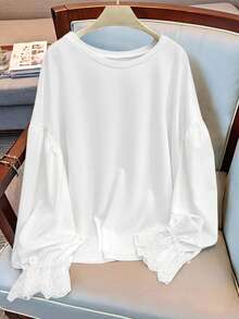 Nubod Plus Size Women Embroidered Cuff Trim Long Sleeve Minimalist Sweatshirt, Casual Everyday Wear, Autumn/Winter - White - View 1