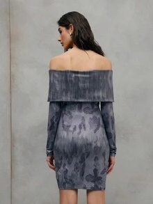 TypaGal Modern Off-Shoulder Printed Bodycon Dress In Soft Grey Tones With A Pleated Neckline. A Chic And Elegant Piece For Party Nights Or Evening Events. - Green - View 2