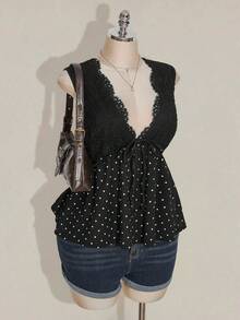 SHEIN ICON Plus Size Black Lace Polka Dot Sleeveless Babydoll Knit Top,Polka Dot Top,Cute Black Top