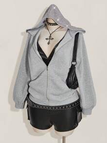 SHEIN ICON 大码女式长袖拉链亮片休闲卫衣/冬季 - 灰色 - 查看 4