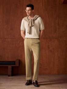 Officeau 男士经典商务西裤，纯色弹力西装裤，直筒休闲复古男士正装裤 - 卡其色 - 查看 3