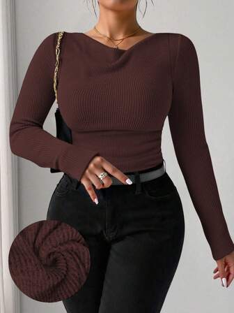 Elenzga RosyDaze Women Plus Size Vintage Asymmetric Draped Collar Textured Ruffle Trim Fitted Long Sleeve Top