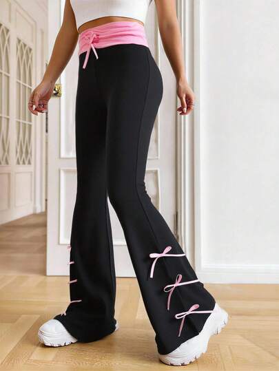 Girls' Side Stripe Flare Casual Pants, Contrast Ribbon & Bow Decor, Suitable For Back To School And Daily Wear