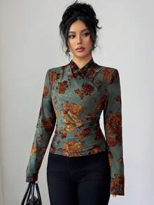 SHEIN PETITE Women's Elegant Tie-Dye Flocked Floral Print T-Shirt, Fitted Irregular Turtleneck Long Sleeve Tee, Women's Christmas & Halloween Party Top, Moss Green - Army Green - View 4