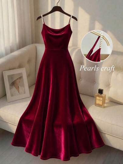 Franclia Vestido camisero de línea A con decoración de perlas de terciopelo elegante estilo coreano, adecuado para ir al trabajo, fiestas y eventos