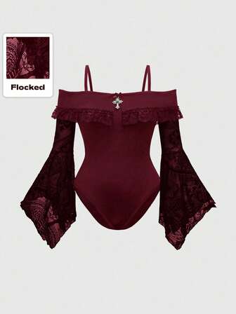 Gothic Metal Cross Off Shoulder Asymmetrical Hem Flocked Flare Sleeve Plus Size Bodysuit, Burgundy Vintage Women Top