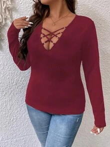 EMERY ROSE Plus Size Women's Casual Solid Color Long Sleeve T-Shirt - Burgundy - View 4
