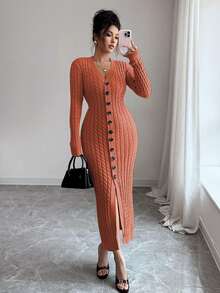 Elenzga Women's Elegant Single-Breasted Fitted V-Neck Long Sleeve Knit Dress - Orange - View 3