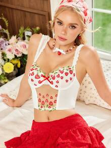 Women's Long Fitted Bra With Sweet Strawberry Print, Seamless Longline Lingerie Bra With Lining For Privacy And Lift - White - View 7