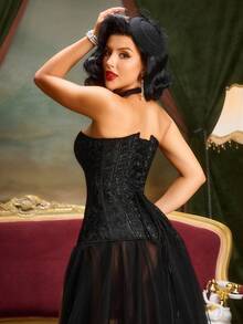 Áo crop corset liền mạch Jacquard thanh lịch - màu đen - Xem 3