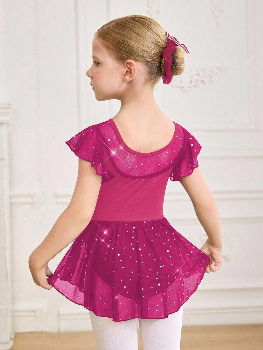 SHEIN 女童无袖芭蕾舞紧身衣，腰部饰有荷叶边蝴蝶结，适合校园比赛，儿童可爱亮片网纱芭蕾舞裙，舞蹈连体服