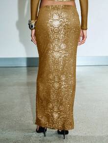 KIZN Snake Print Long Sleeve Bodycon Maxi Dress Evening Party Club Outfit Python Pattern - Gold - View 3