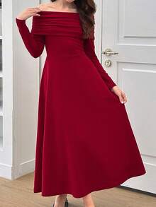 SHEIN Girlism 少女露肩褶饰A字长裙，红色 - 酒紅色 - 查看 7