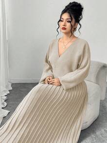 Modelyn Plus Size Solid Color Wrap Knit Dress, Casual For Autumn/Winter - Apricot - View 6