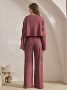 Ocili 2pcs Comfortable Soft Bamboo Knit Round Neck Long Sleeve Top And Pants Women Lounge Set, Summer Sleep Wear Women Loose Lounge Sets For Women Round Neck, Winter Clothes - Burgundy - View 3