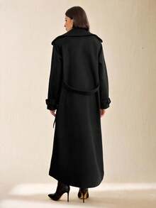 SHEIN Tall 女款黑色長袖優雅前扣長版大衣，休閒通勤穿著，復古保暖加厚秋冬款，適合感恩節、萬聖節，高個女性適用 - 黑色 - 查看 2