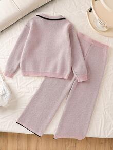 Genkimix Kids 秋冬季女童毛衣套装（两件套），可爱彼得潘领蝴蝶结针织套头毛衣，直筒开衩裤 - 粉色 - 查看 2