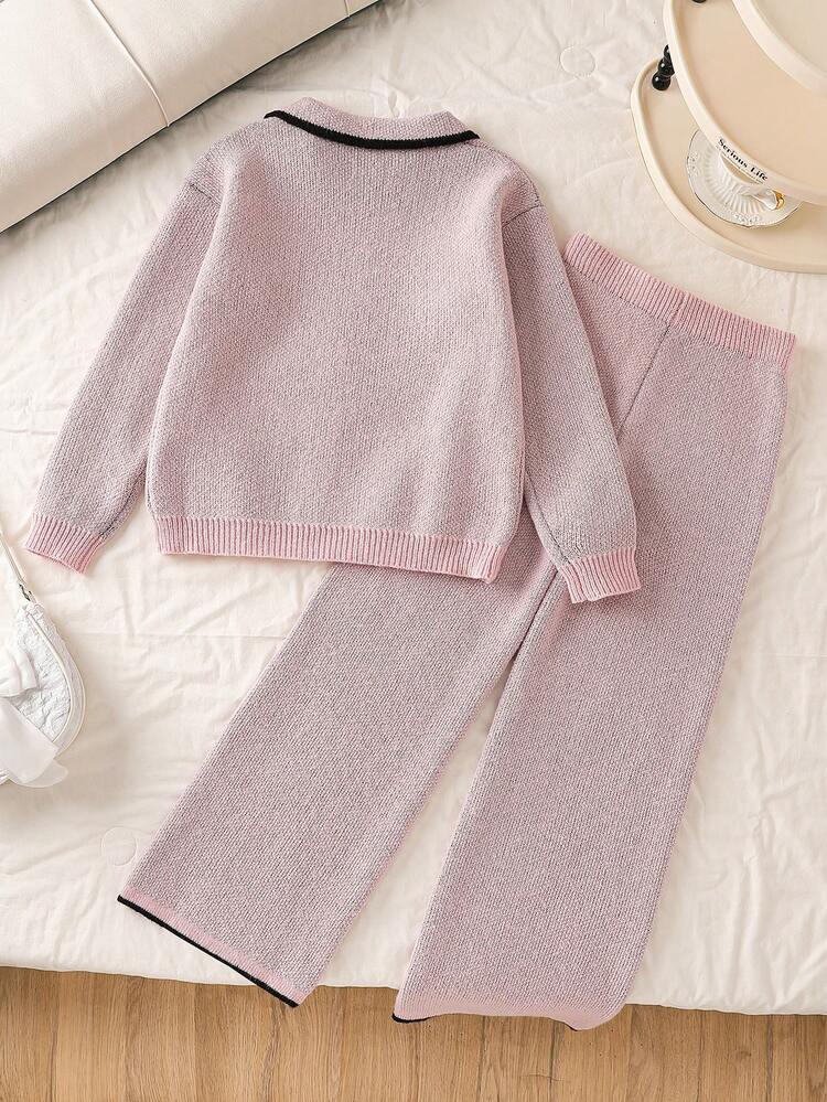 Genkimix Kids Bộ 2 áo len thu đông cho bé gái, áo len cổ Peter Pan dễ thương, quần ống đứng xẻ tà - Hồng - Xem 2