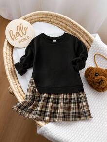 SHEIN 女童卫衣拼接格子裙连衣裙，复古时尚百搭休闲日常装 - 黑色 - 查看 4