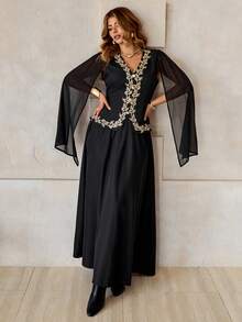 Roveilla Bộ đồ nữ cỡ lớn, áo voan tay dài, viền ren, cổ chữ V, eo thắt và chân váy xòe chữ A - màu đen - Xem 3