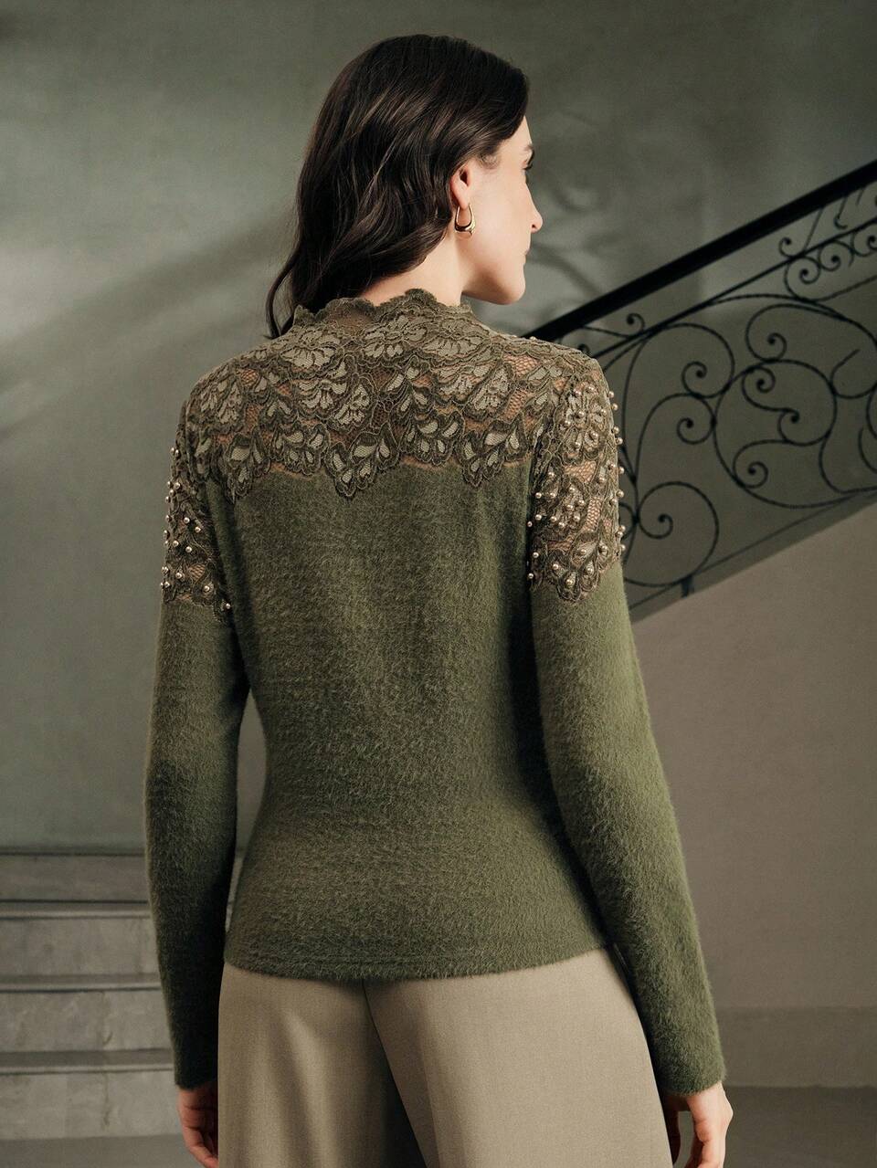 Anewsta Olive Green Elegant Fitted Lace Round Neck Long Sleeve Women T-Shirt,Autumn,Elegant,Dining,Chic Stylish Formal Work Top For Party Wedding Christmas