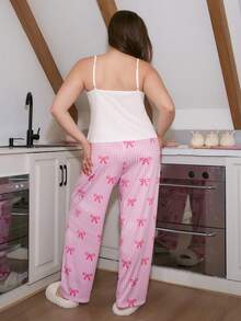 Slumberry CURVE SweetSlumber 大码睡衣套装 - 吊带蝴蝶结印花上衣和条纹蝴蝶结印花长裤，可爱休闲家居服 - 粉色 - 查看 2